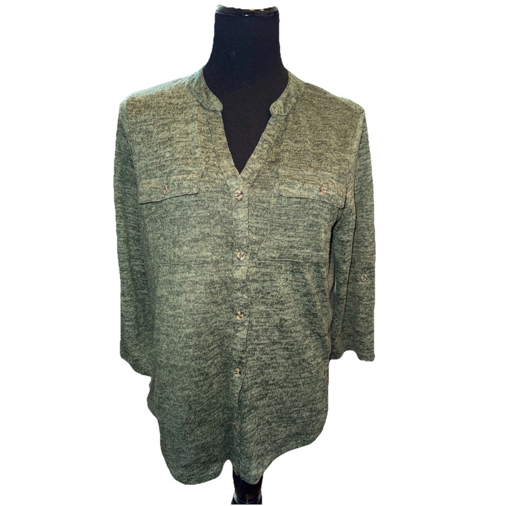 Auw Shirt Womens Large Dark Green Knit Roll Tab Sleeves Split Neck Button Up‎